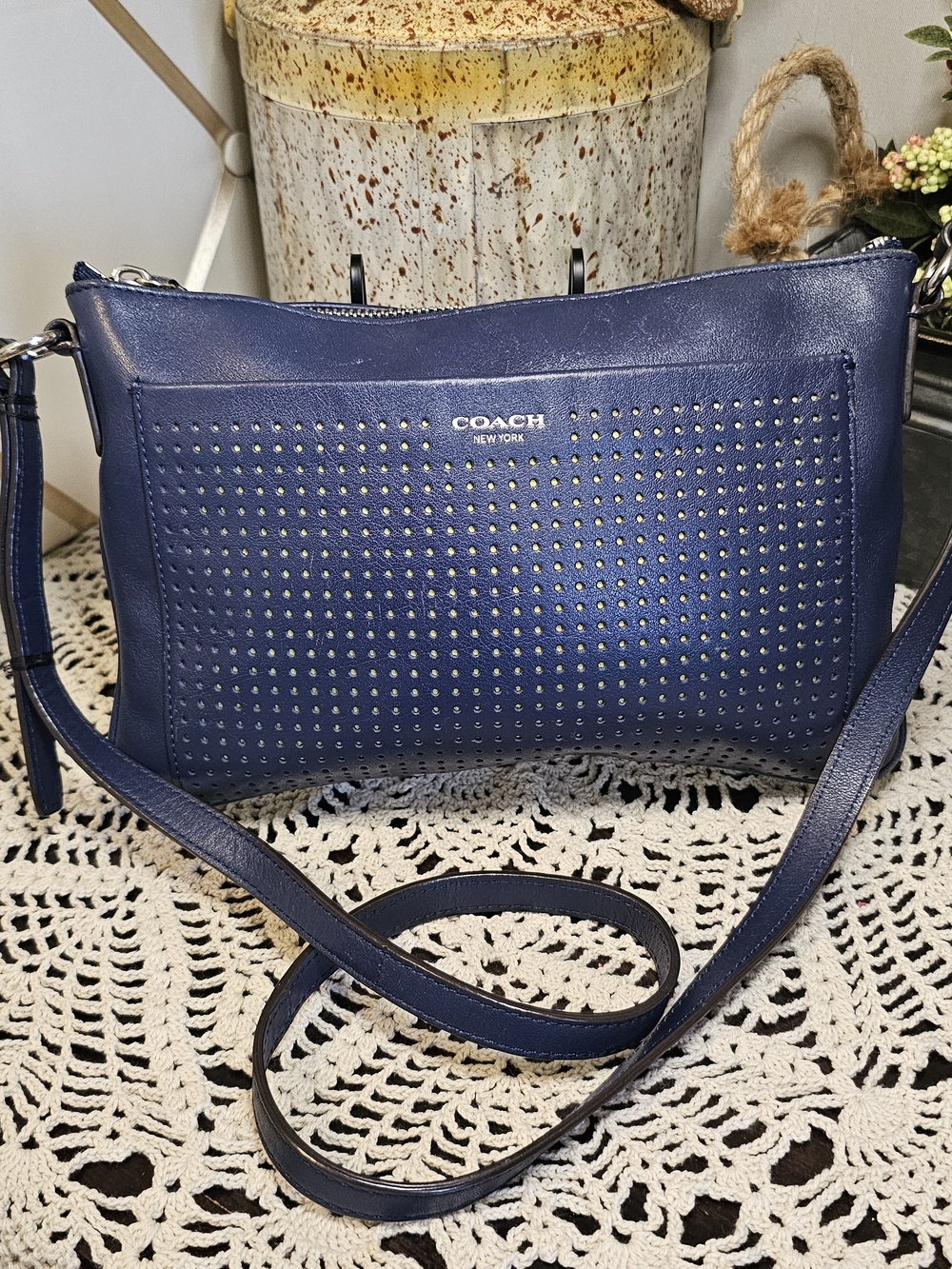 COACH Navy Perforated Leather Shoulder Bag